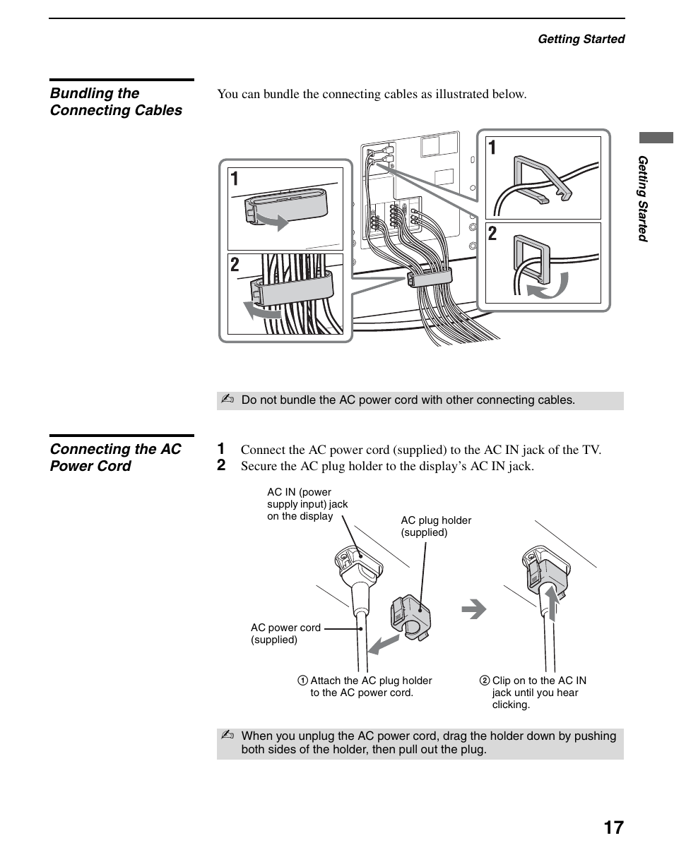 Bundling the connecting cables, Connecting the ac power cord | Sony KDL-70XBR3 User Manual | Page 17 / 56