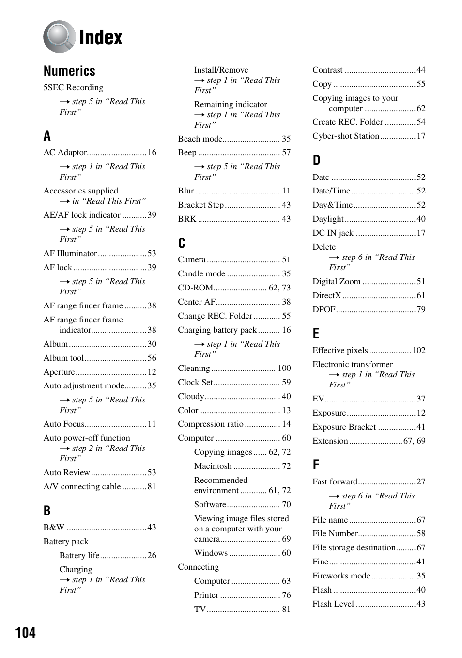Index, Numerics | Sony DSC-M2 User Manual | Page 104 / 107