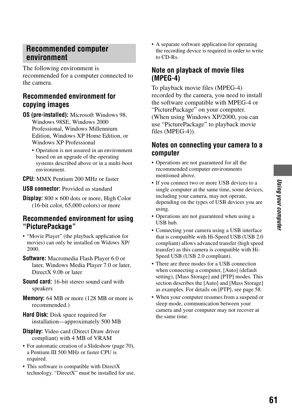 Recommended computer environment, Recommended environment for copying images, Recommended environment for using “picturepackage | Sony DSC-M2 User Manual | Page 61 / 107