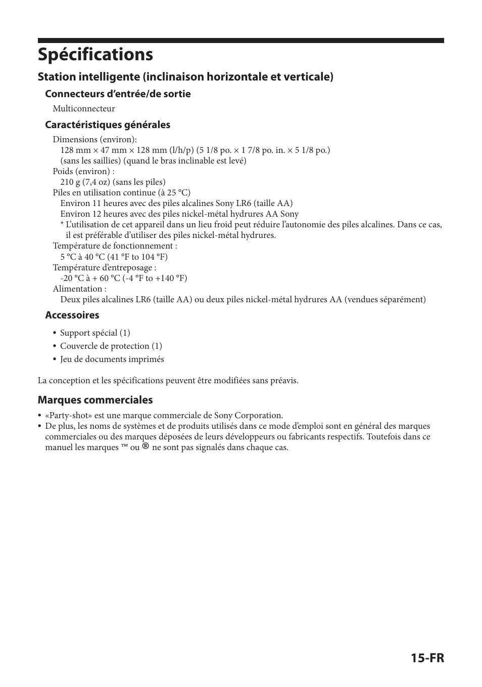 Spécifications | Sony IPT-DS2 User Manual | Page 47 / 215