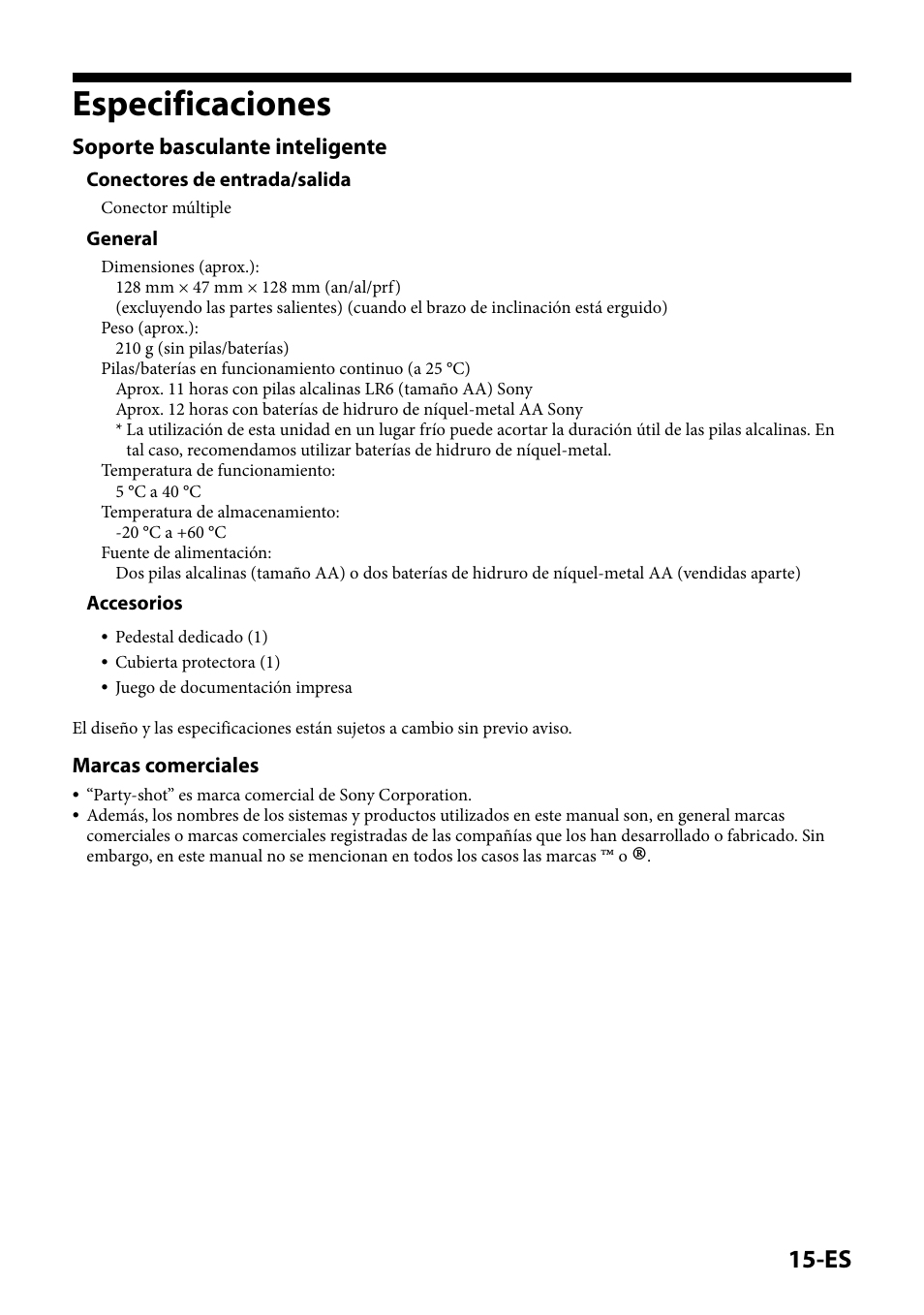 Especificaciones, Soporte basculante inteligente | Sony IPT-DS2 User Manual | Page 75 / 215