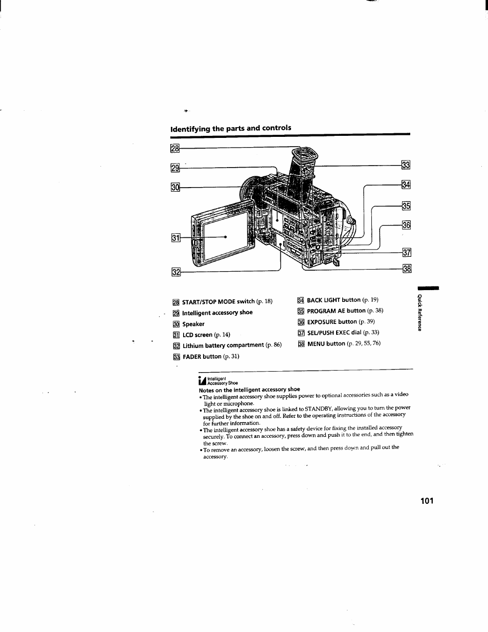 Lcd screen (p. 14), Identifying the parts and controls | Sony DCR-TRV510 User Manual | Page 101 / 136