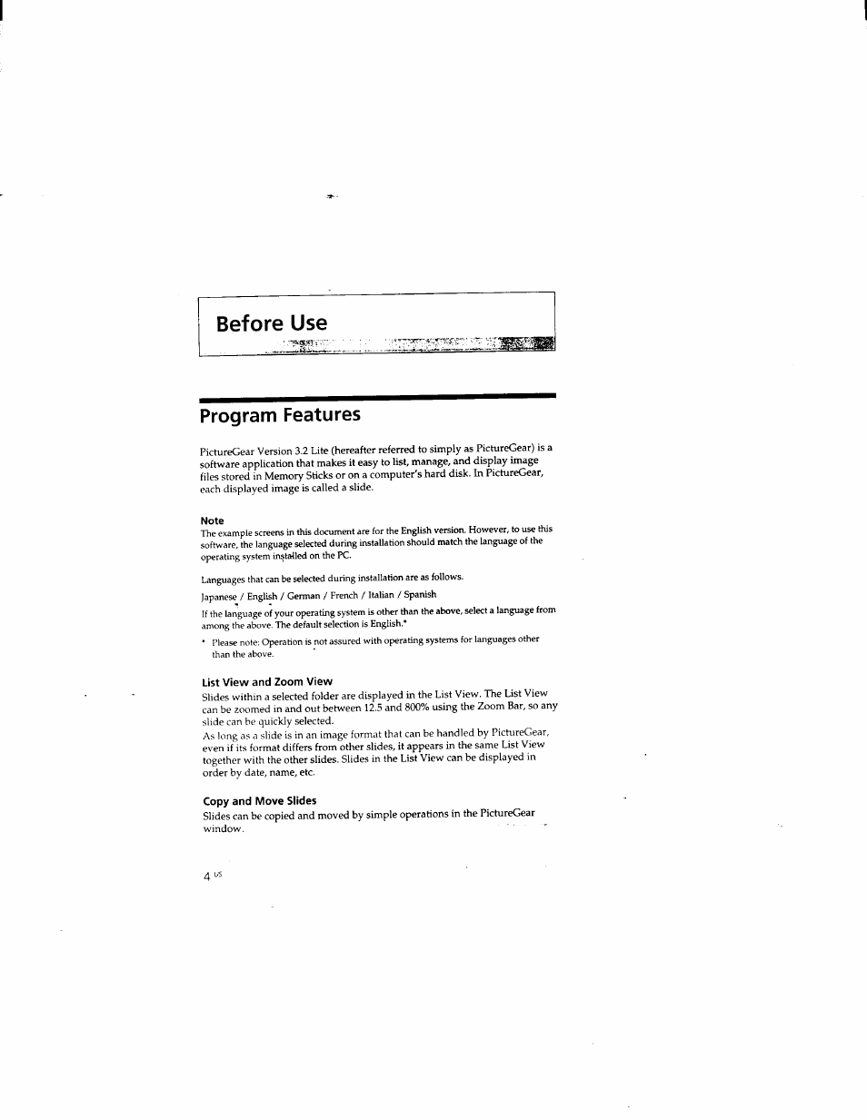 Before use, Program features | Sony DCR-TRV510 User Manual | Page 112 / 136