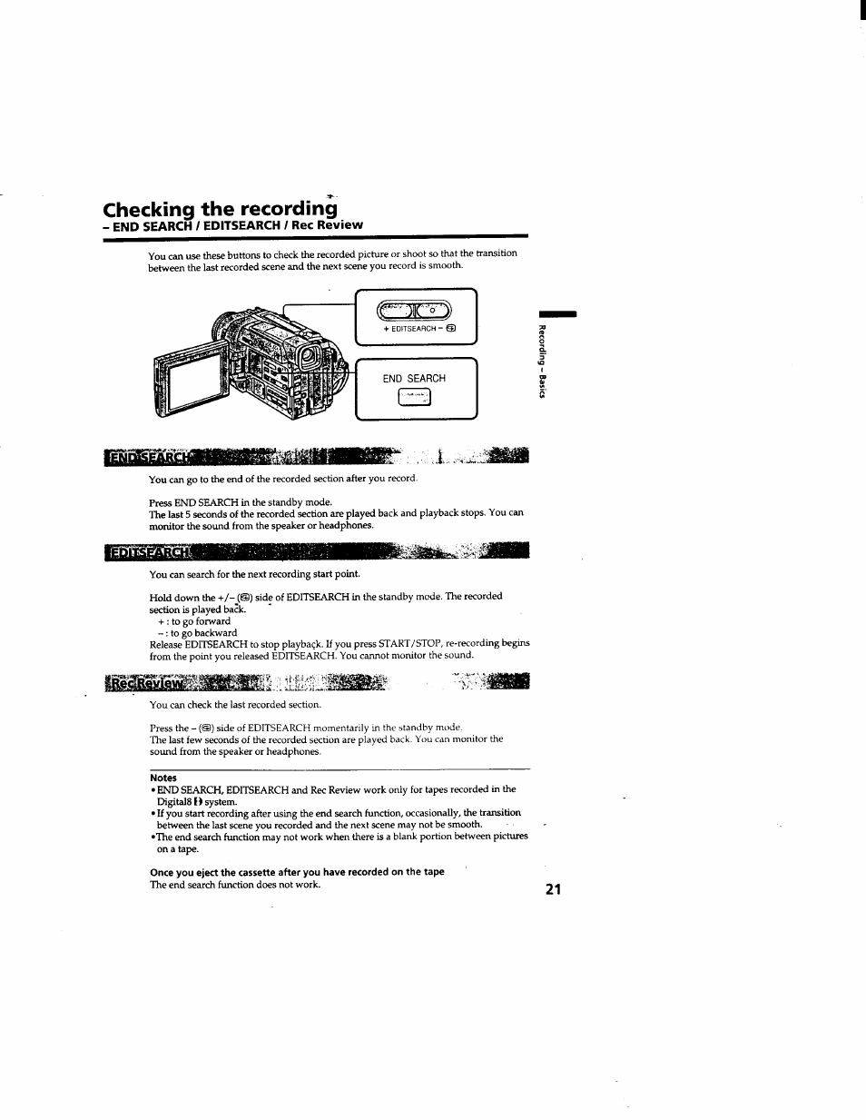 Checking the recording, End search / editsearch / rec review, Eat53) | Sony DCR-TRV510 User Manual | Page 21 / 136