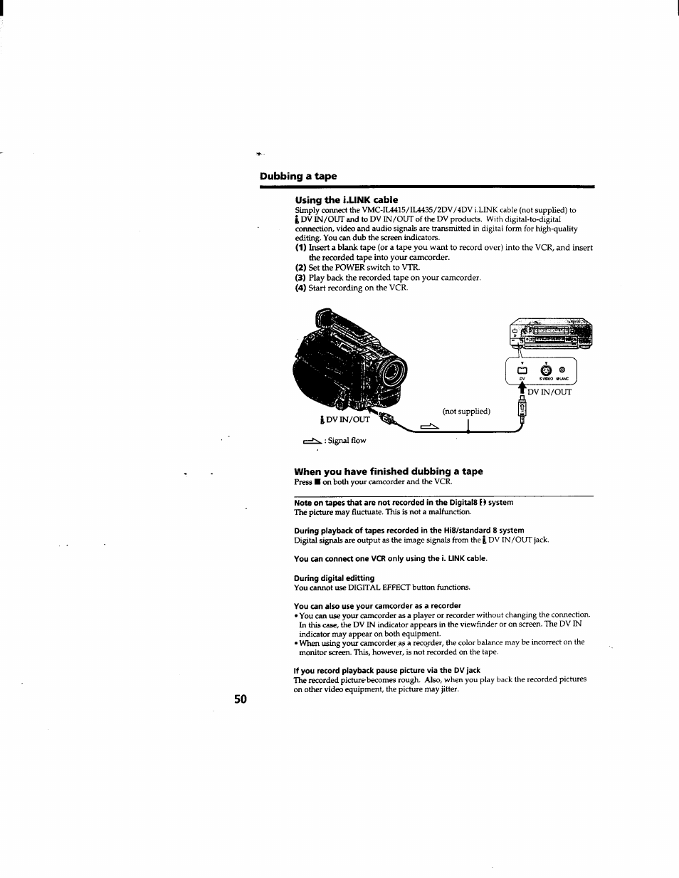 Dubbing a tape, Using the i.unk cable, When you have finished dubbing a tape | Sony DCR-TRV510 User Manual | Page 50 / 136