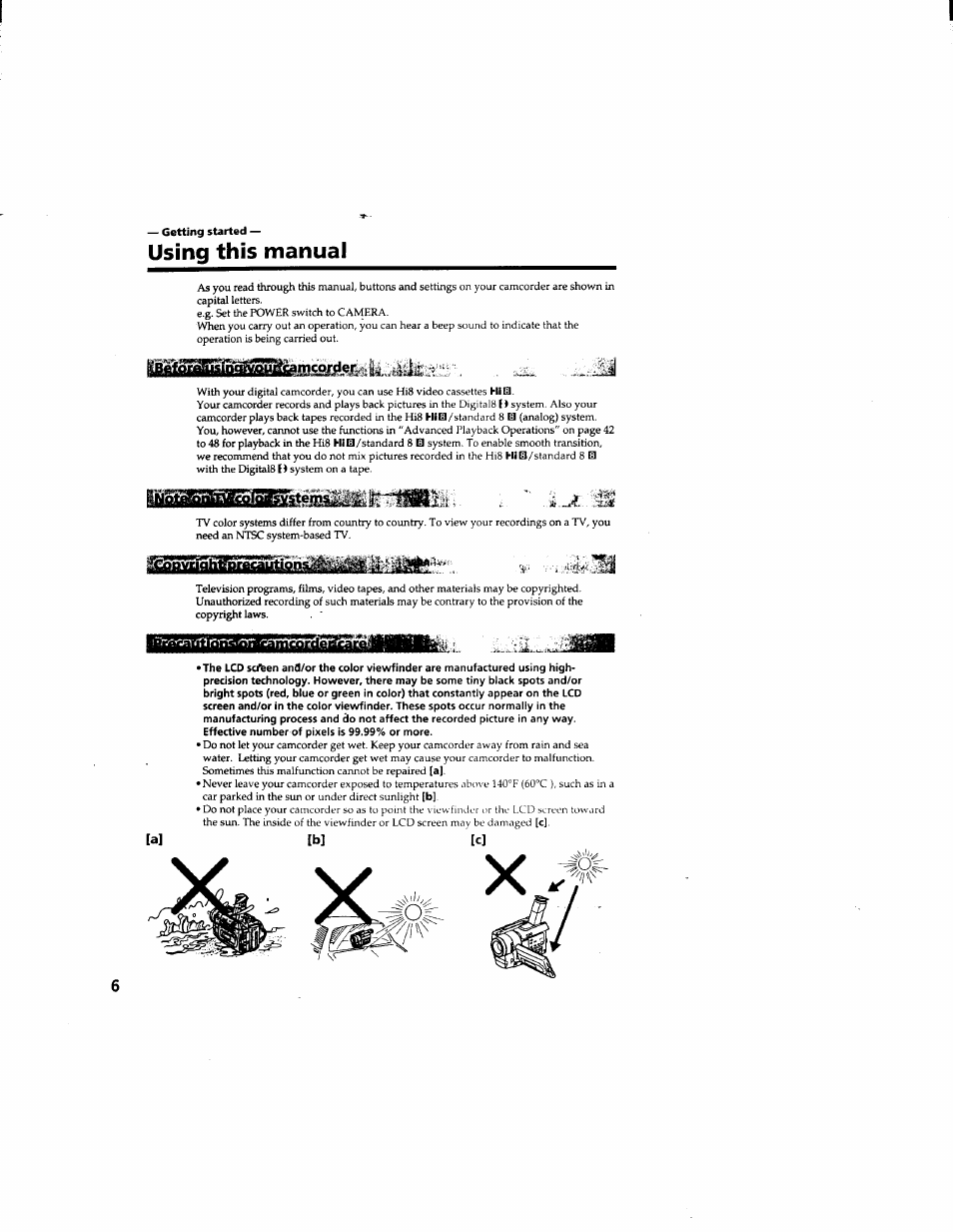 Using this manual, A] [b] [c | Sony DCR-TRV510 User Manual | Page 6 / 136