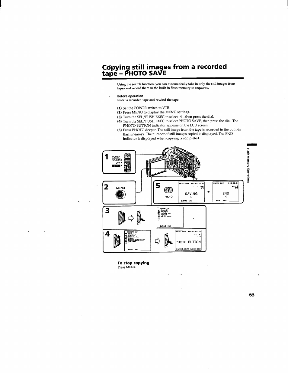 Before operation, To stop copying | Sony DCR-TRV510 User Manual | Page 63 / 136
