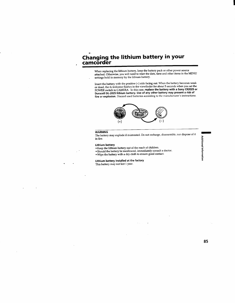Changing the lithium battery in your camcorder | Sony DCR-TRV510 User Manual | Page 85 / 136