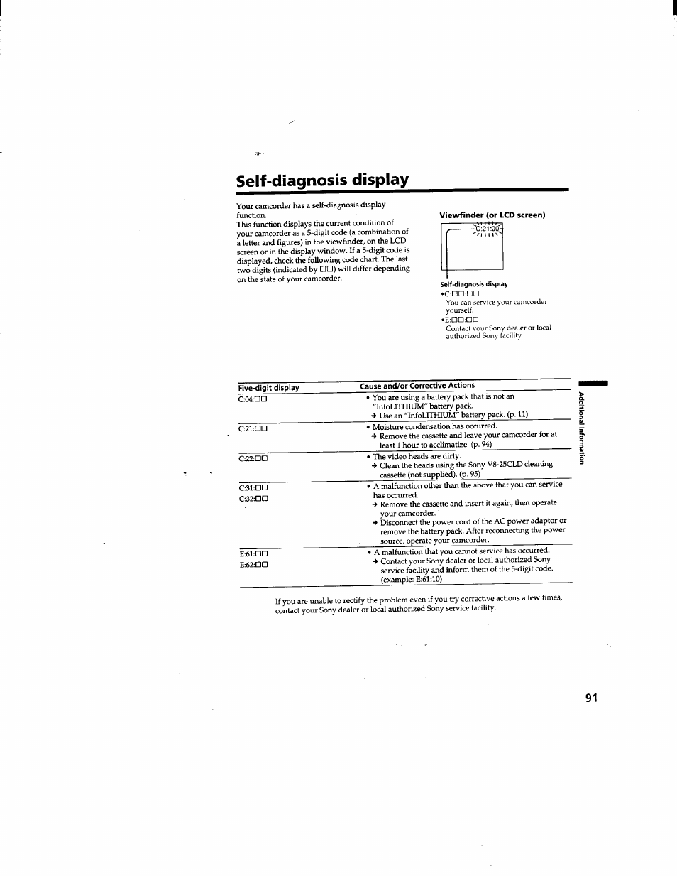 Self-diagnosis display, Viewfinder (or lcd screen) | Sony DCR-TRV510 User Manual | Page 91 / 136