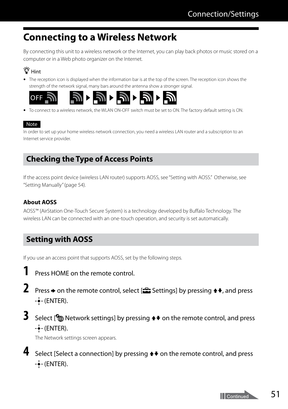 Connection/settings, Connecting to a wireless network, Checking the type of access points | Setting with aoss | Sony VGF-CP1U User Manual | Page 51 / 108