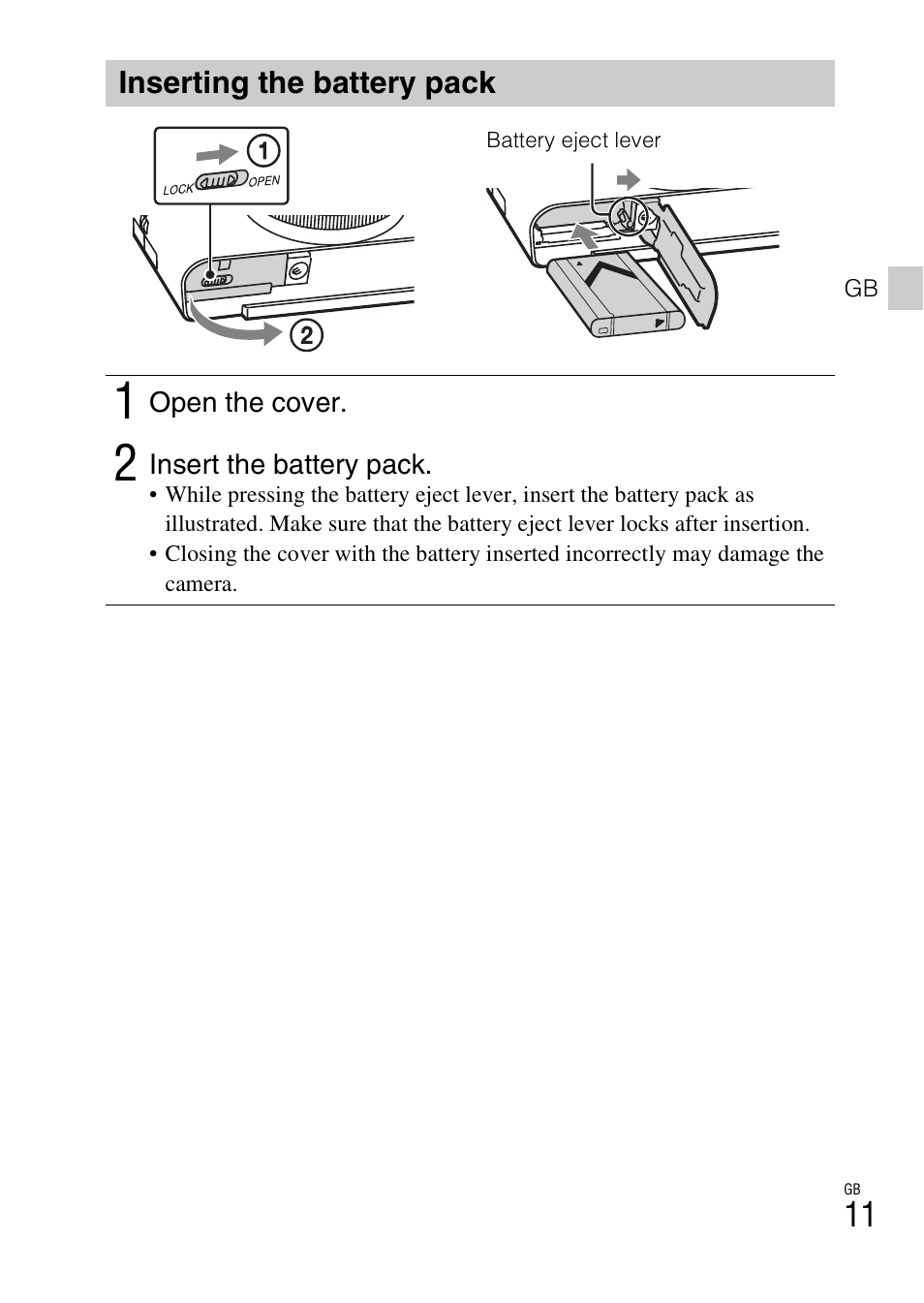 Inserting the battery pack | Sony DSC-RX100M2COS User Manual | Page 11 / 120