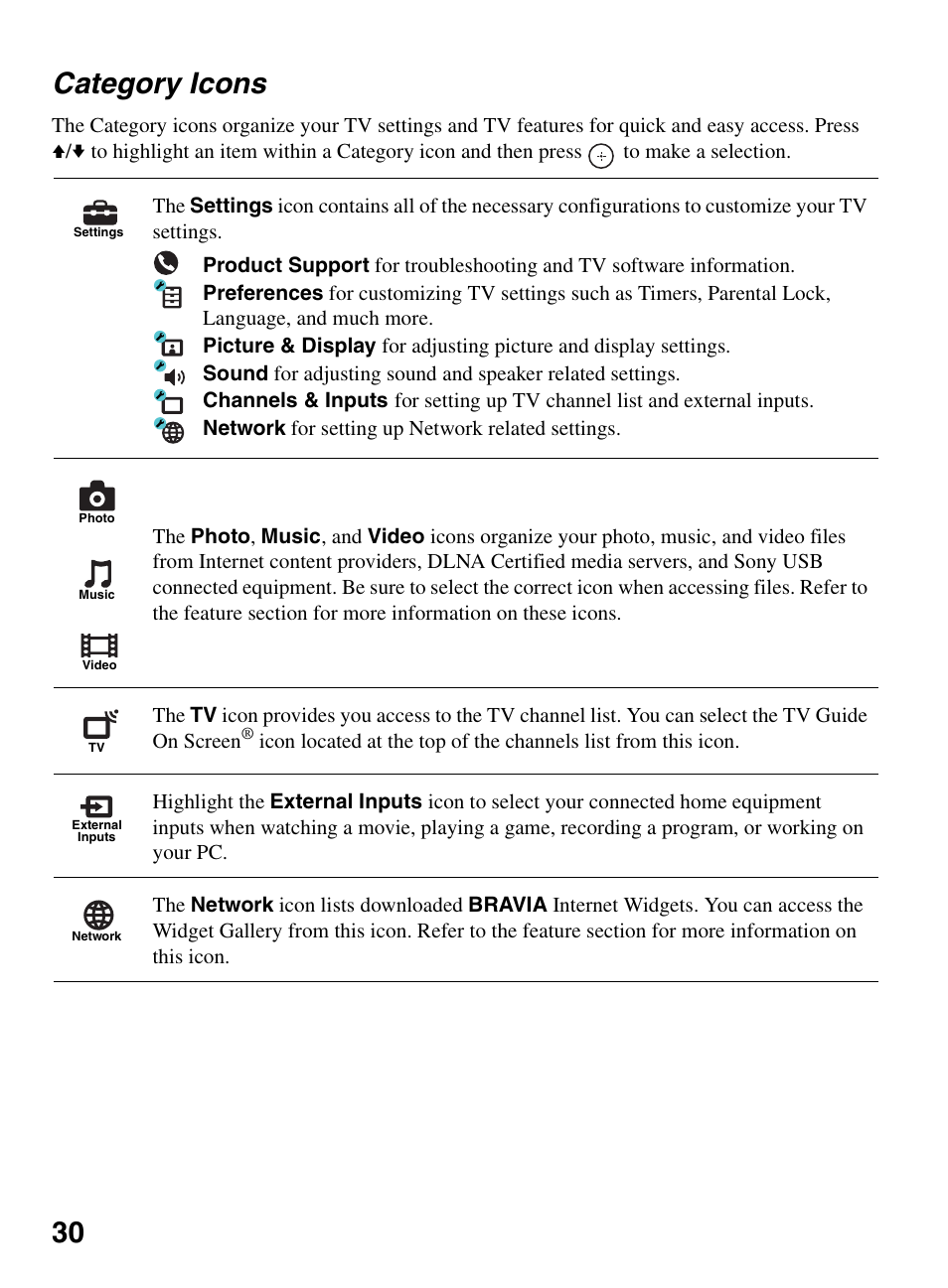 Category icons, Settings, Photo | Music, Video, External inputs, Network, 30 category icons | Sony KDL-52XBR9 User Manual | Page 30 / 48