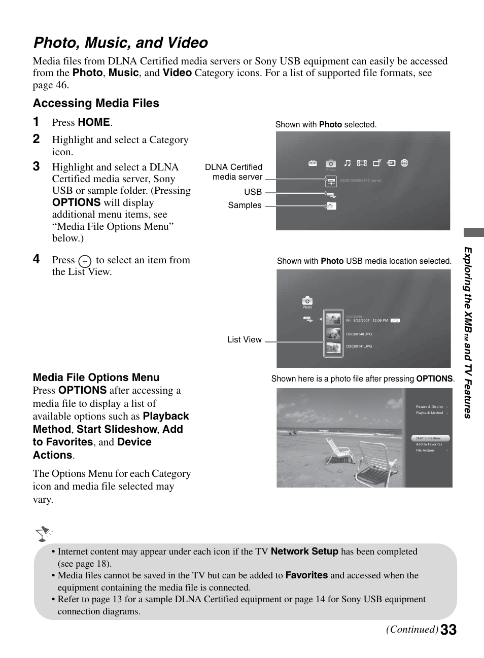 Photo, music, and video, Accessing media files, 33 photo, music, and video | Press home, Highlight and select a category icon, Continued) | Sony KDL-52XBR9 User Manual | Page 33 / 48