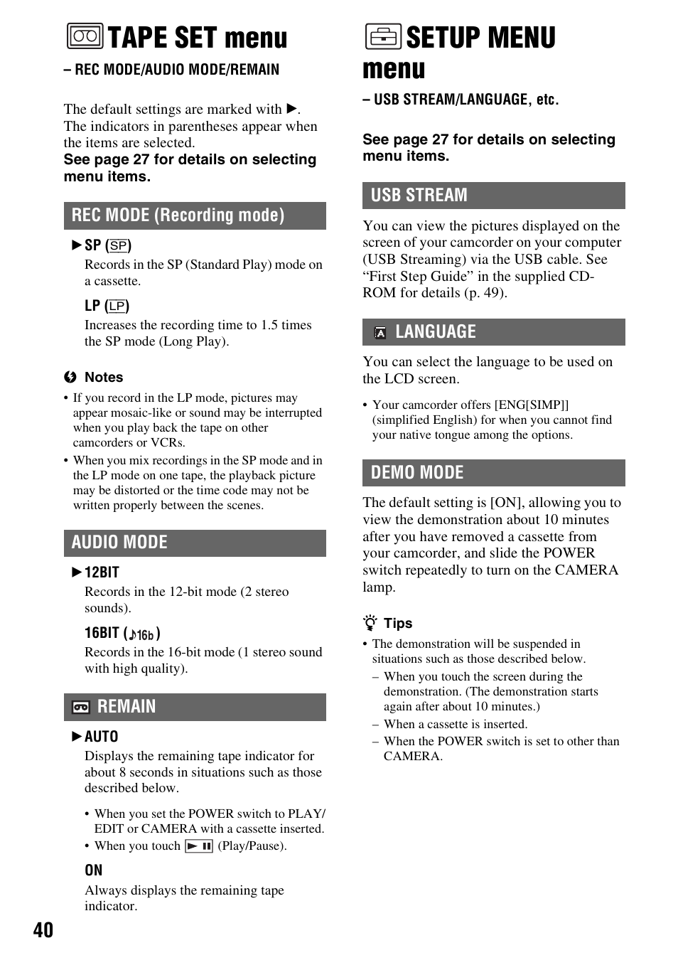 Tape set menu, Rec mode/audio mode/remain, Setup menu menu | Usb stream/language, etc, Rec mode/audio mode, Remain, P. 40) wi, P. 40) | Sony DCR-HC38 User Manual | Page 40 / 84