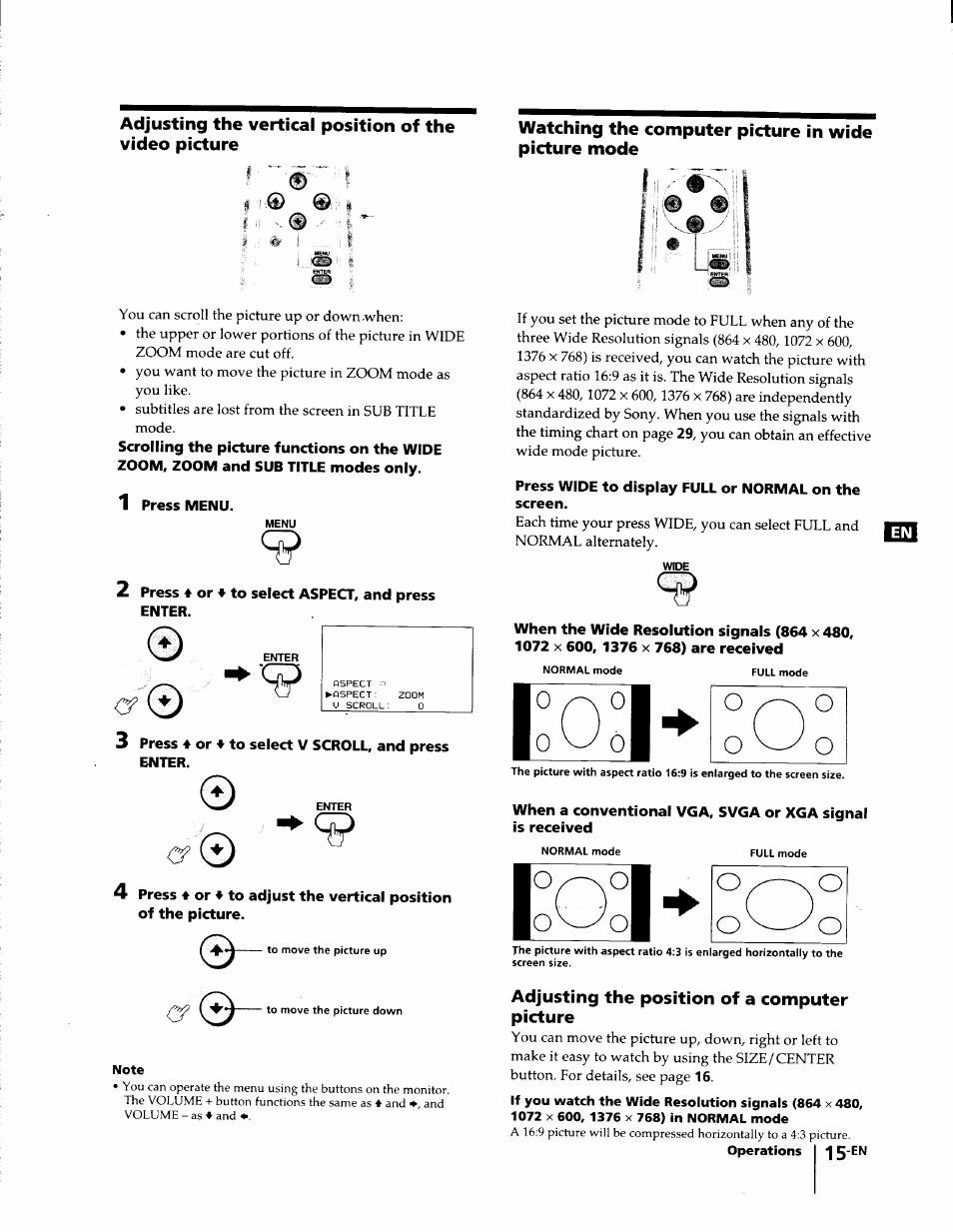 Watching the computer picture in wide picture mode, Note, Adjusting the position of a computer picture | Sony KL-W7000 User Manual | Page 15 / 96