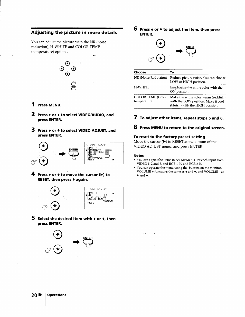 Adjusting the picture in more details, 1 press menu, 0g? 0 | Sony KL-W7000 User Manual | Page 20 / 96
