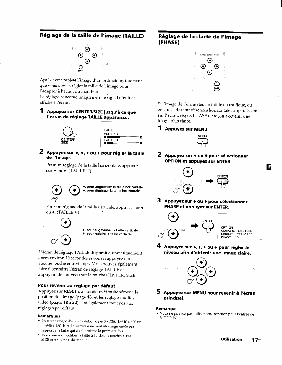 Réglage de la taille de l'image (taille), Remarques, Réglage de la clarté de l'image (phase) | Remarque | Sony KL-W7000 User Manual | Page 49 / 96