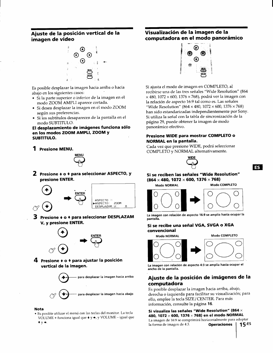 Nota, 2 presione 4, 4’ para seleccionar aspecto, y presione enter | Sony KL-W7000 User Manual | Page 79 / 96