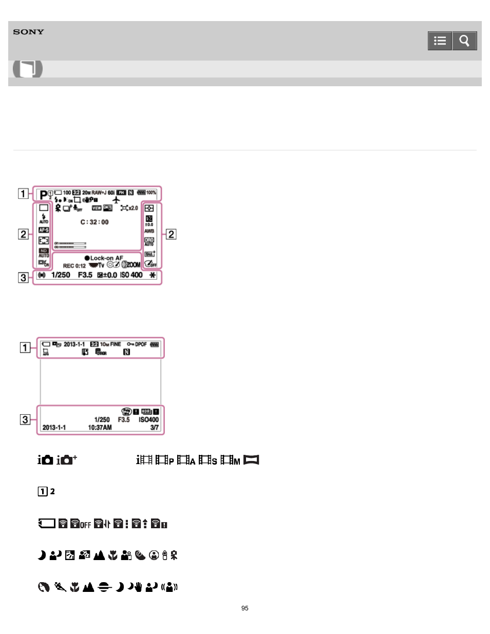 List of icons on the screen, Help guide | Sony DSC-RX10 User Manual | Page 104 / 422