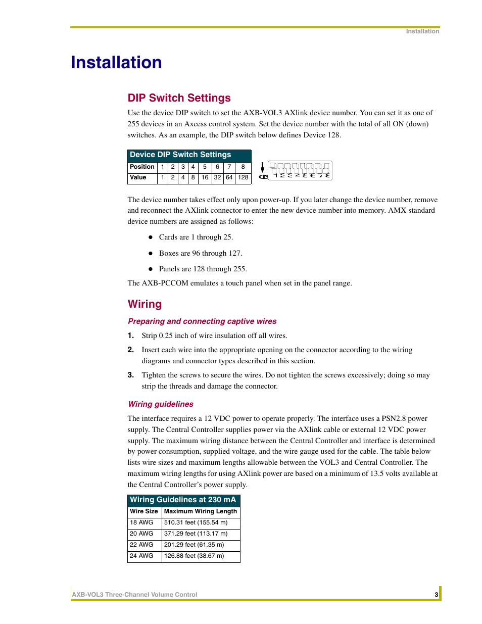 Installation, Dip switch settings, Wiring | Preparing and connecting captive wires, Wiring guidelines | AMX AXB-VOL3 User Manual | Page 7 / 12