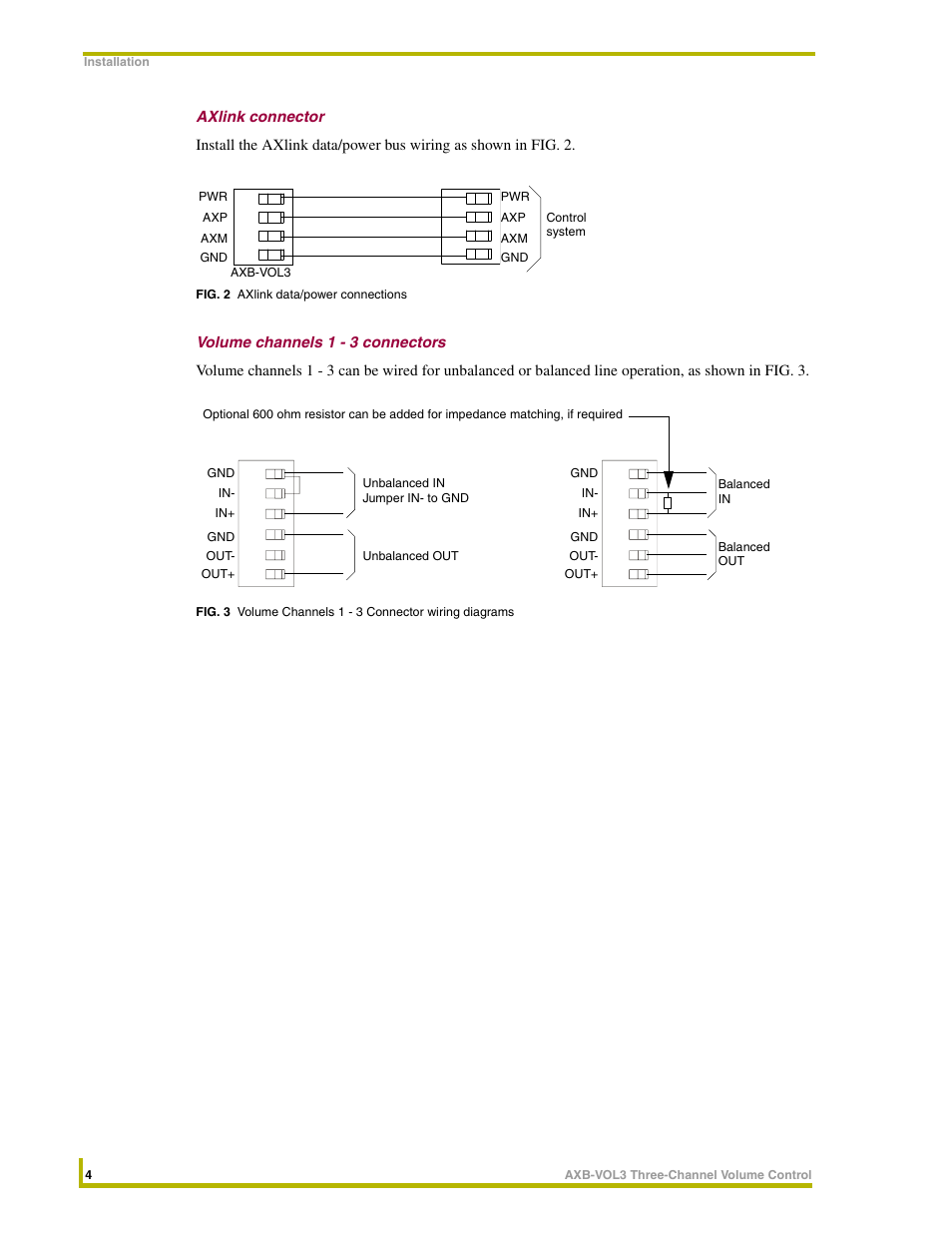 Axlink connector, Volume channels 1 - 3 connectors | AMX AXB-VOL3 User Manual | Page 8 / 12