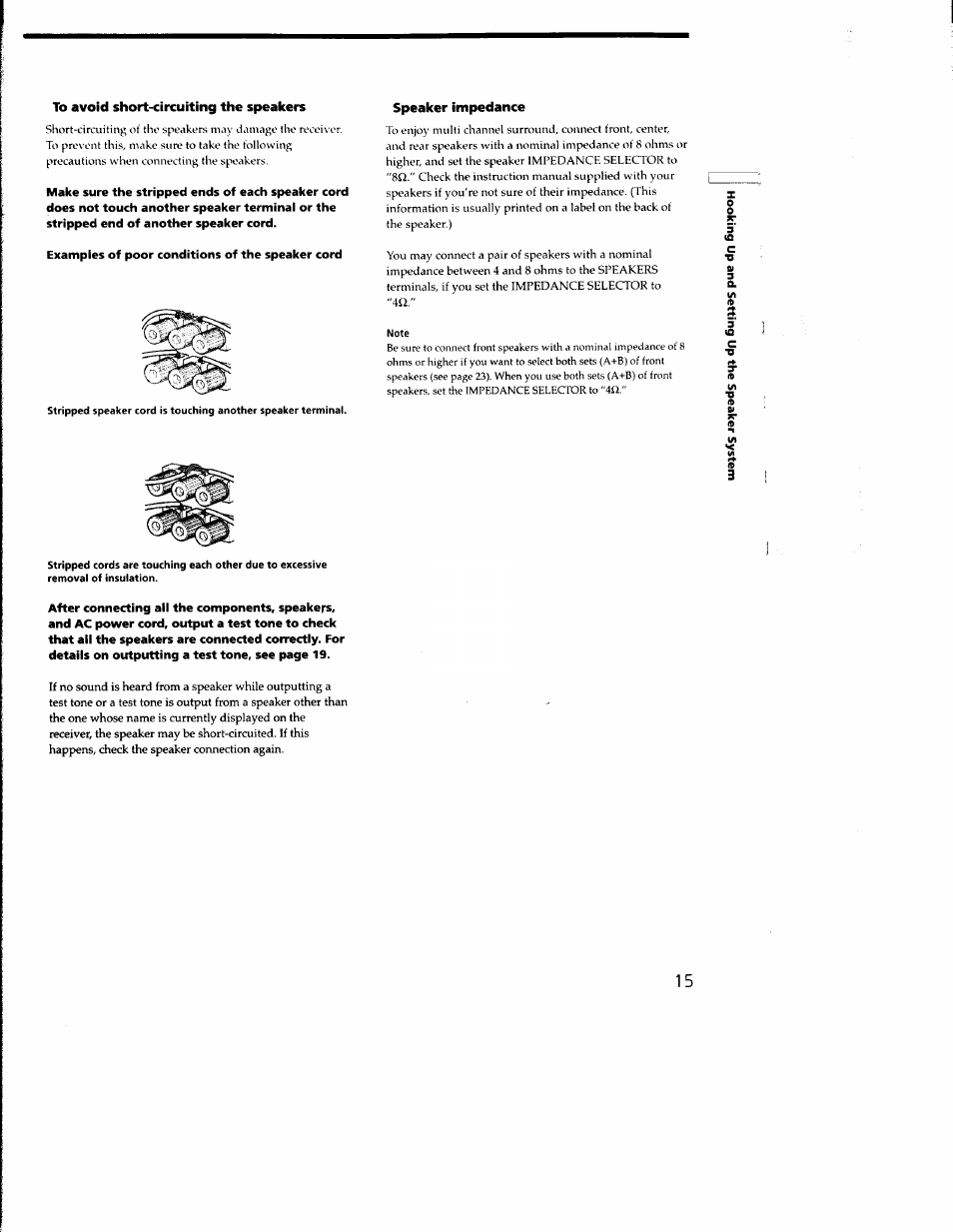 To avoid short-circuiting the speakers, Speaker impedance | Sony STR-DA333ES User Manual | Page 15 / 52