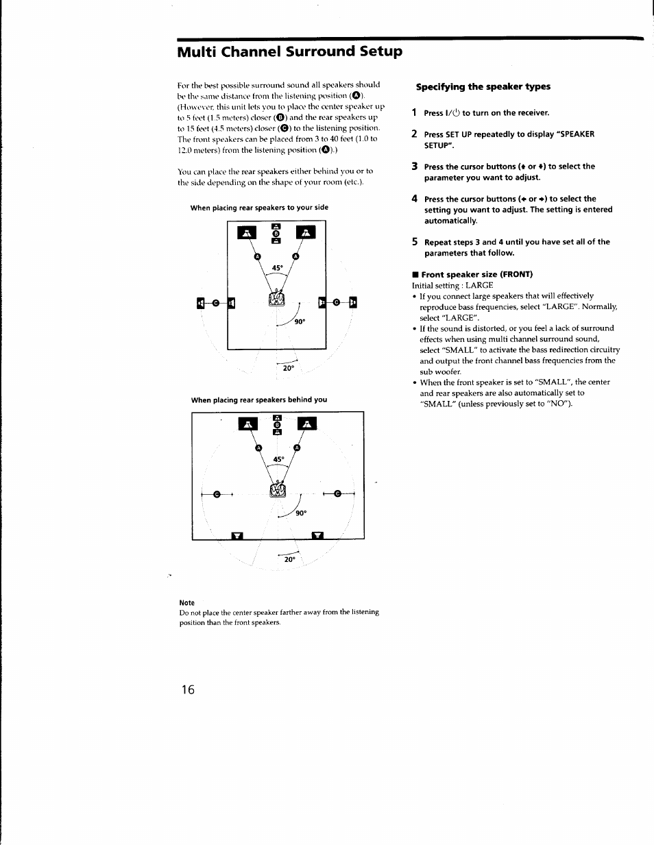 1 press 1/(1) to turn on the receiver, Note, Multi channel surround setup | Sony STR-DA333ES User Manual | Page 16 / 52