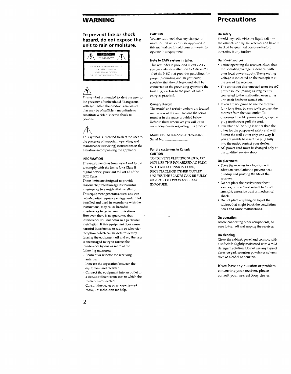 Warning precautions | Sony STR-DA333ES User Manual | Page 2 / 52