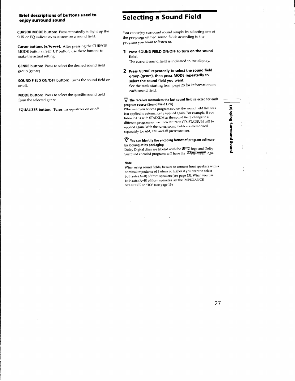 Selecting a sound field, O' 5 | Sony STR-DA333ES User Manual | Page 27 / 52