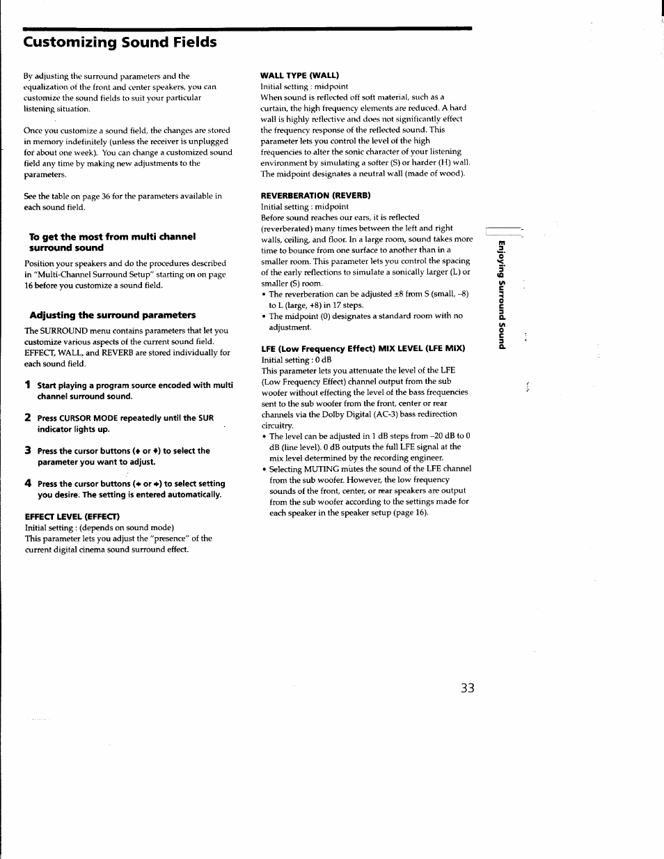 To get the most from multi channel surround sound, Adjusting the surround parameters, Customizing sound fields | Sony STR-DA333ES User Manual | Page 33 / 52