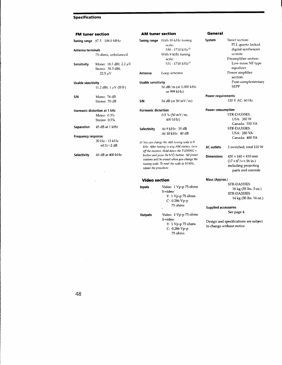 Specifications, Fm tuner section, Antenna terminals | Usable sensitivity, Harmonic distortion at 1 khz, Frequency response, Harmonic distortion, Power requirements, Power consumption, Video section | Sony STR-DA333ES User Manual | Page 48 / 52