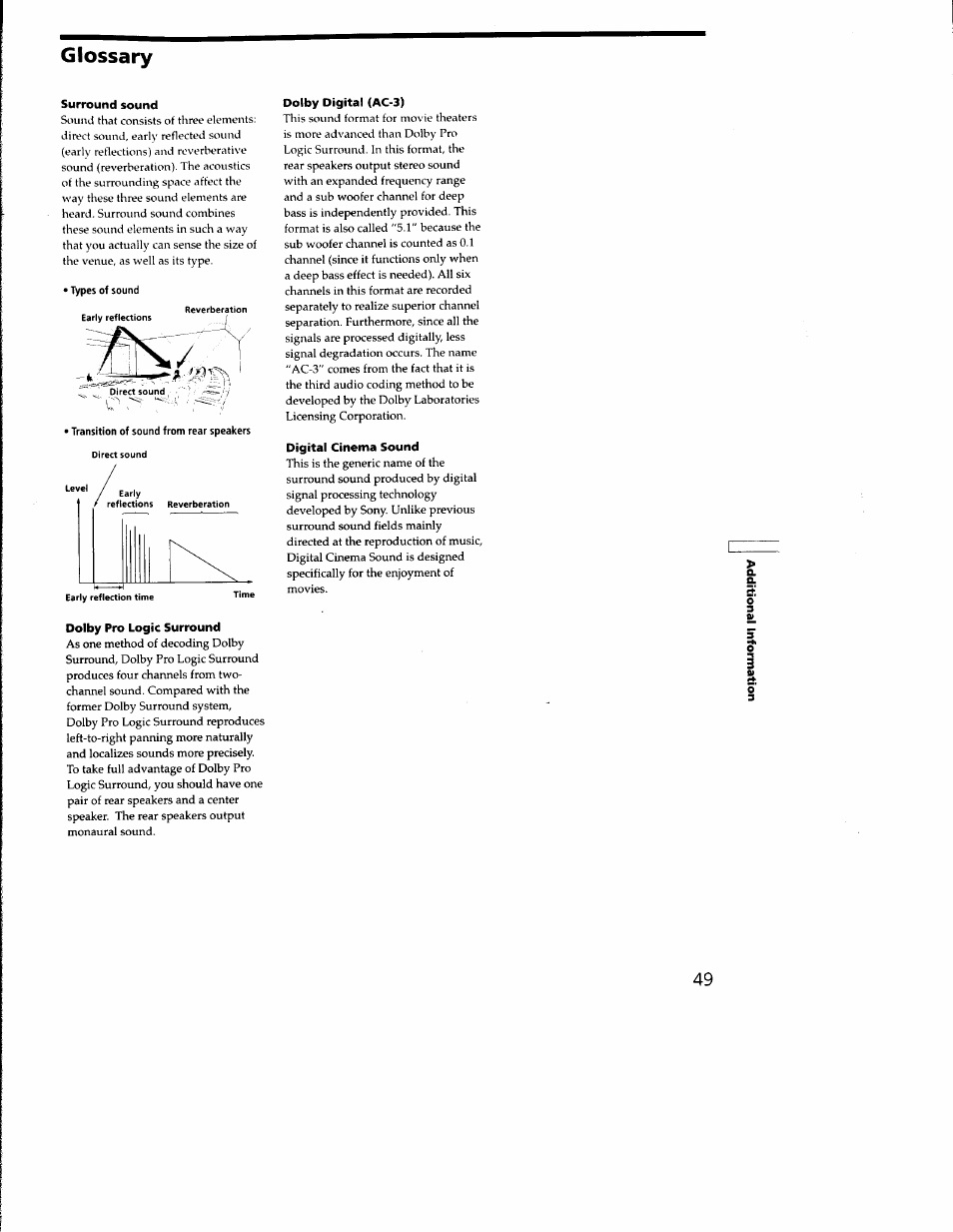 Surround sound, Dolby pro logic surround, Dolby digital (ac-3) | Digital cinema sound, Glossary, Aa o, O' 3 | Sony STR-DA333ES User Manual | Page 49 / 52