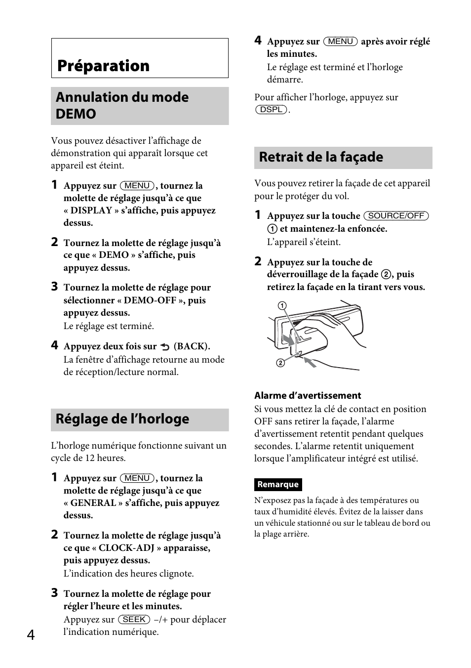 Préparation, Annulation du mode demo, Réglage de l’horloge | Retrait de la façade | Sony CDX-GT570UP User Manual | Page 34 / 100