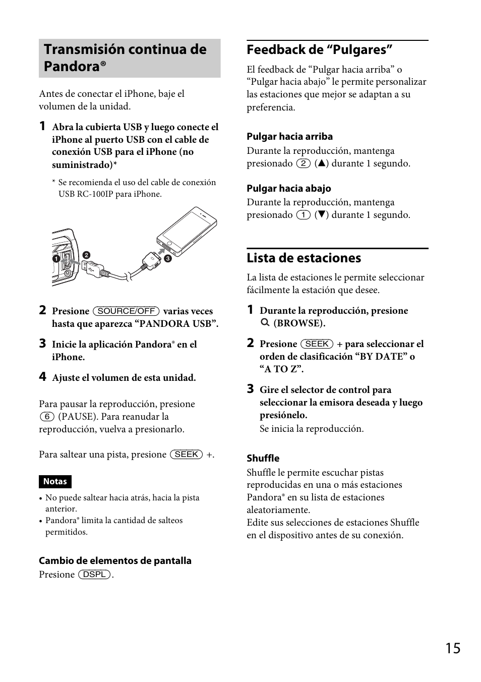 Transmisión continua de pandora, Feedback de “pulgares, Lista de estaciones | Sony CDX-GT570UP User Manual | Page 79 / 100