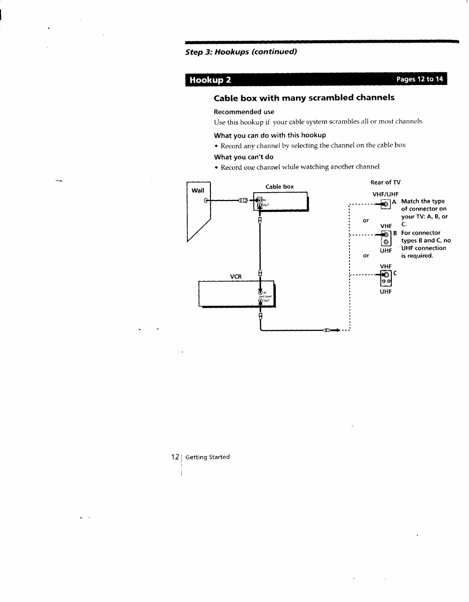 Hookup 2, Cable box with many scrambled channels, Recommended use | What you can do with this hookup, What you can't do | Sony SLV-690HF User Manual | Page 12 / 59