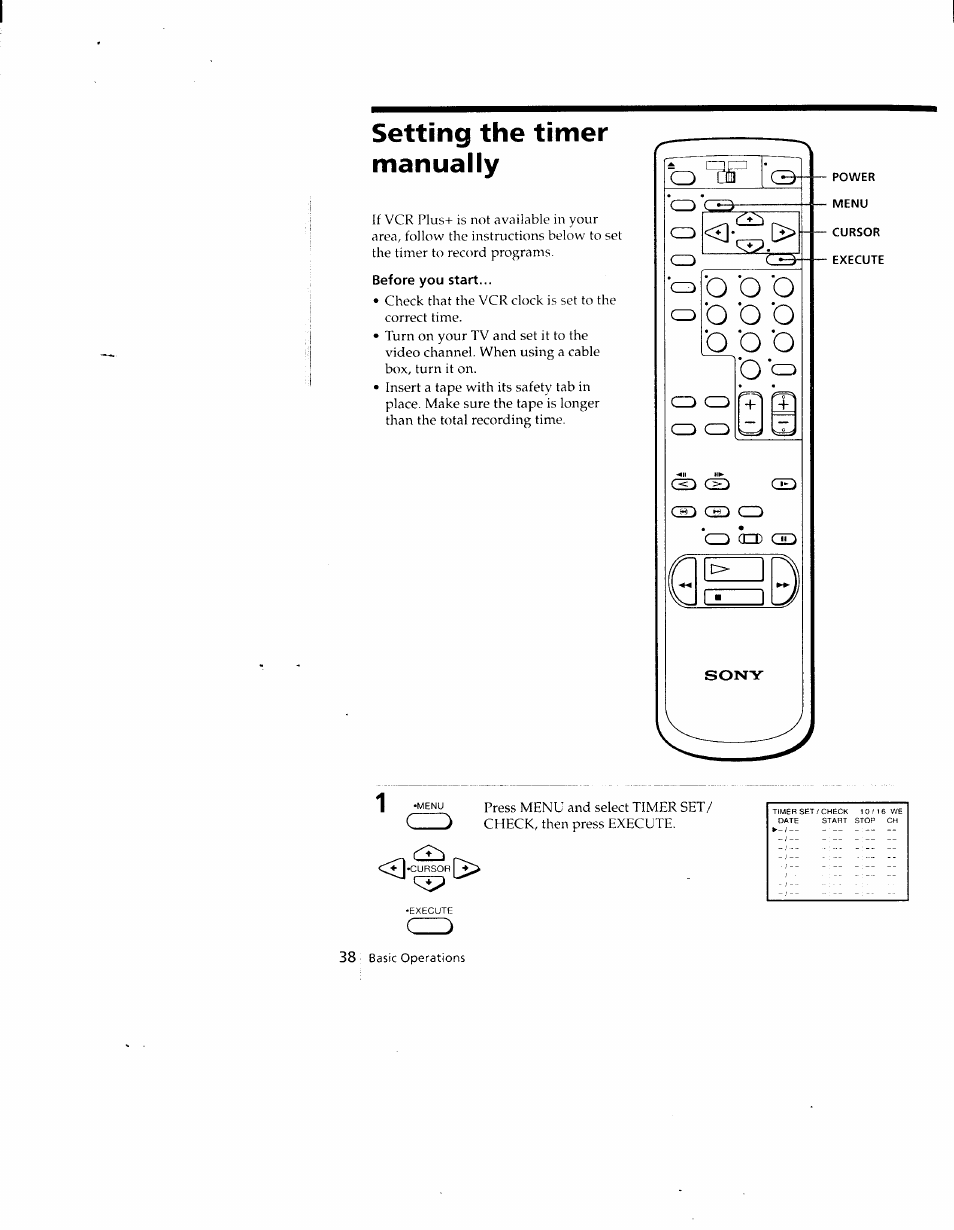 Setting the timer manually, Before you start | Sony SLV-690HF User Manual | Page 38 / 59