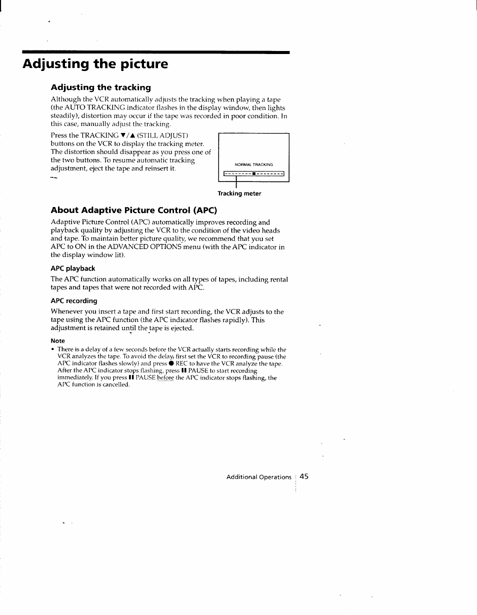 Adjusting the picture, Adjusting the tracking, About adaptive picture control (apc) | Apc playback, Apc recording, Note | Sony SLV-690HF User Manual | Page 45 / 59