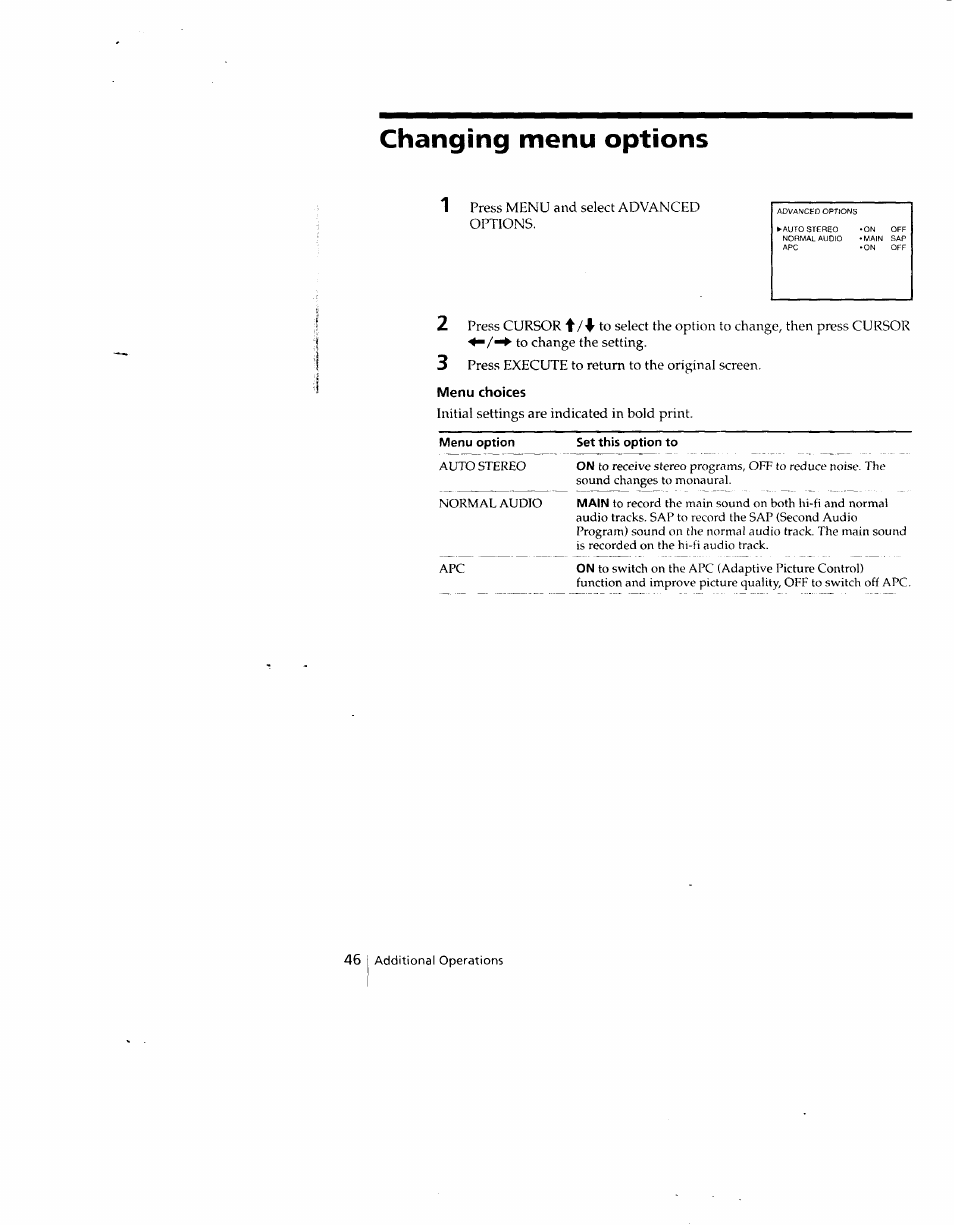 Changing menu options, Menu choices, Menu option | Set this option to | Sony SLV-690HF User Manual | Page 46 / 59