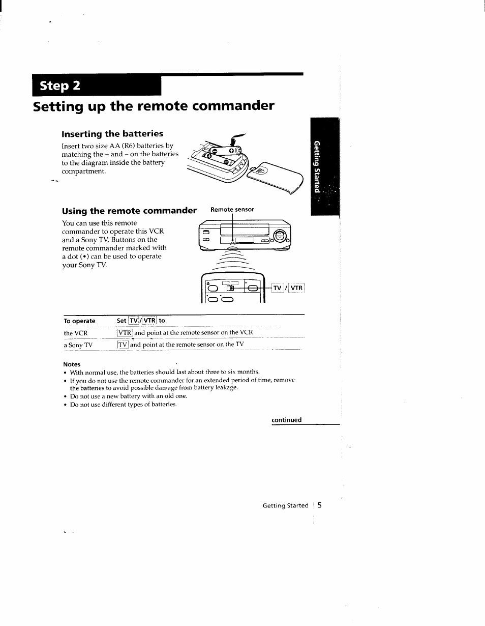 Setting up the remote commander, Inserting the batteries, Using the remote commander | Remote sensor, To operate, Set [ry]/[vtrj to, Notes, Continued, Step 2 setting up the remote commander | Sony SLV-690HF User Manual | Page 5 / 59