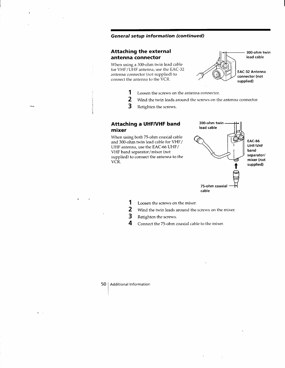 Attaching the external antenna connector, Attaching a uhfaahf band mixer | Sony SLV-690HF User Manual | Page 50 / 59