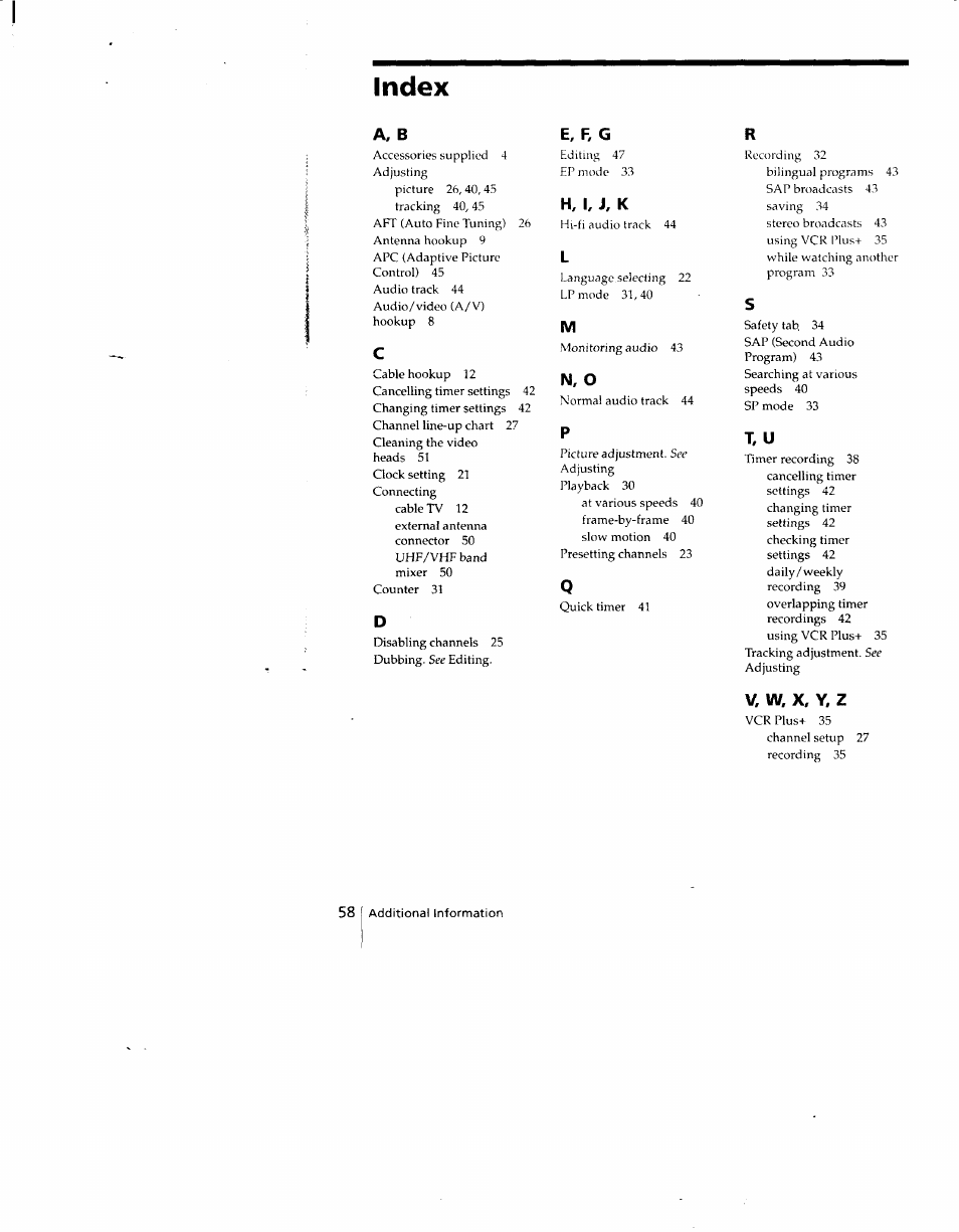 Index | Sony SLV-690HF User Manual | Page 58 / 59