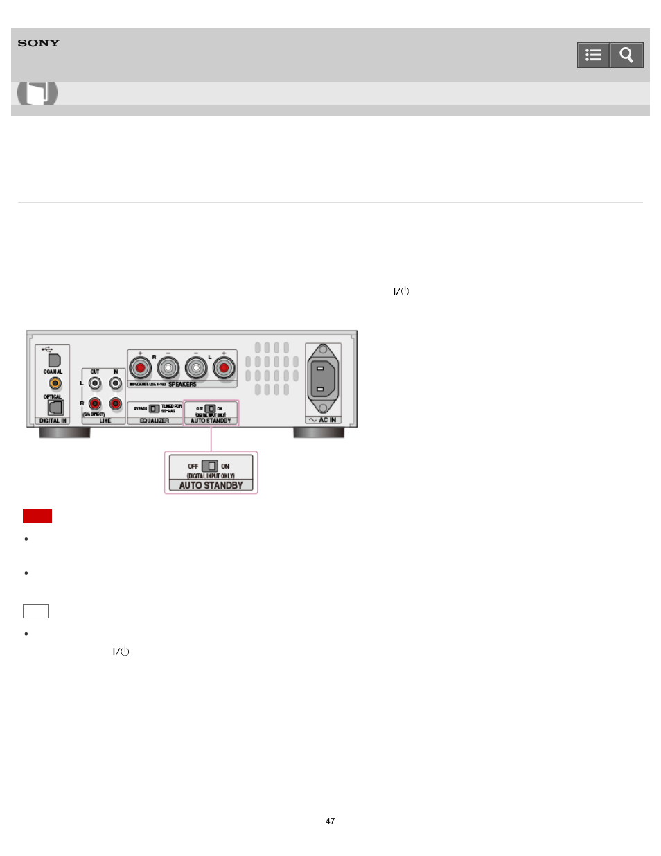 Standby mode, Explains the standby mode of the usb dac amplifier, Help guide | Sony UDA-1 User Manual | Page 47 / 79