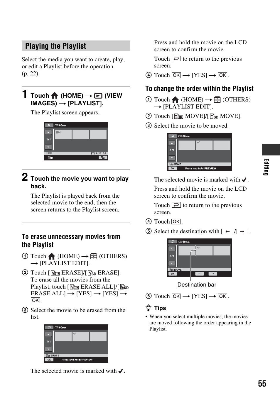 Playing the playlist | Sony HDR-SR10 User Manual | Page 55 / 119