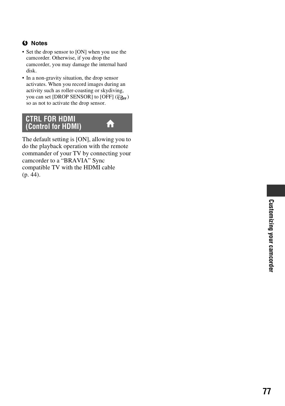 P. 77, Ctrl for hdmi (control for hdmi) | Sony HDR-SR10 User Manual | Page 77 / 119