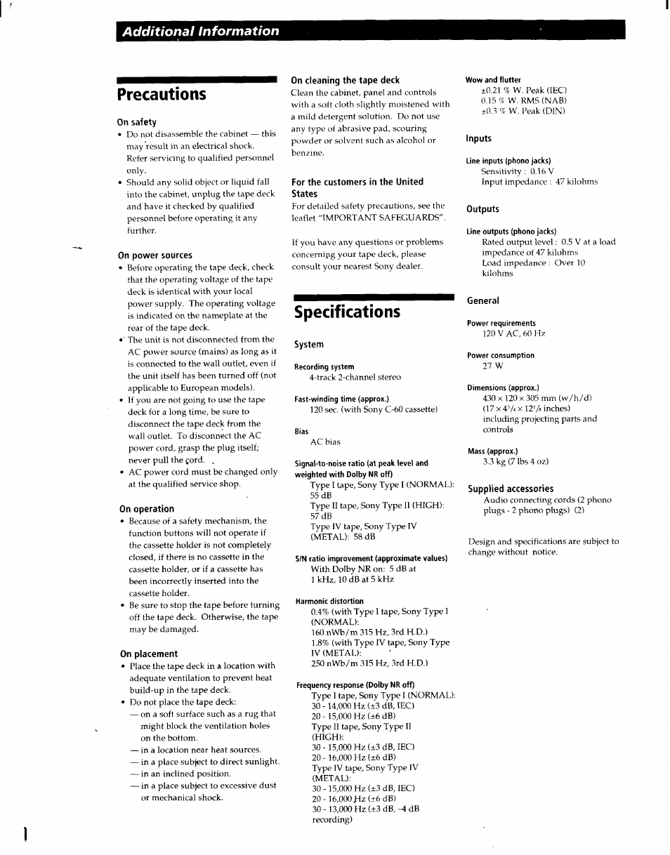 Precautions, Specifications, Additional information | Sony TC-WE305 User Manual | Page 8 / 8