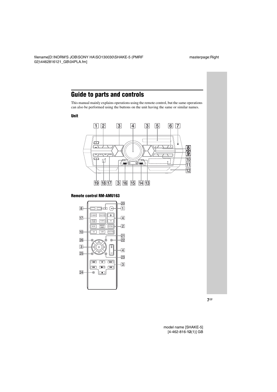 Guide to parts and controls | Sony SHAKE5 User Manual | Page 7 / 40