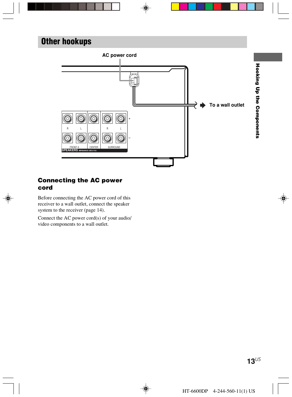 Other hookups, Connecting the ac power cord | Sony HT-6600DP User Manual | Page 13 / 52