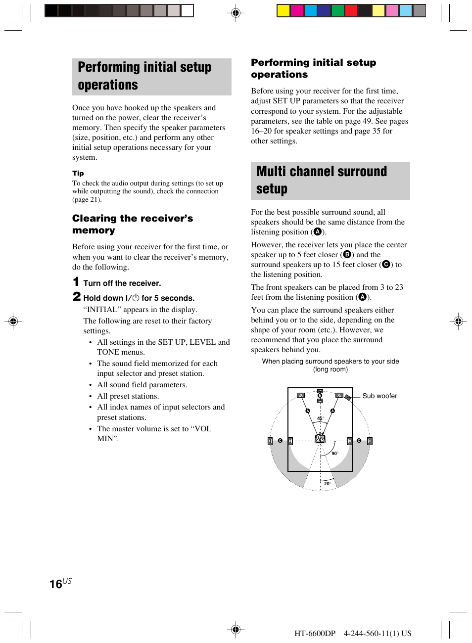 Performing initial setup operations, Multi channel surround setup | Sony HT-6600DP User Manual | Page 16 / 52