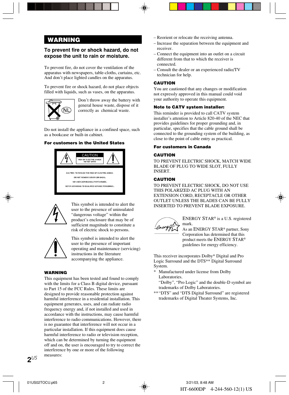 Warning | Sony HT-6600DP User Manual | Page 2 / 52