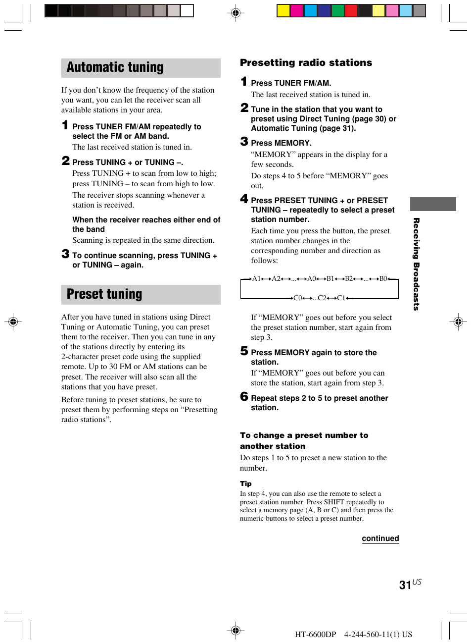 Automatic tuning, Preset tuning | Sony HT-6600DP User Manual | Page 31 / 52